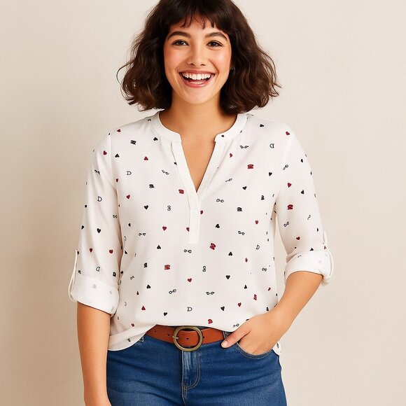 NWT Daniel Rainn Split Neck Blouse White Novelty Print Roll Tab Sleeve Women’s S - Picture 1 of 12